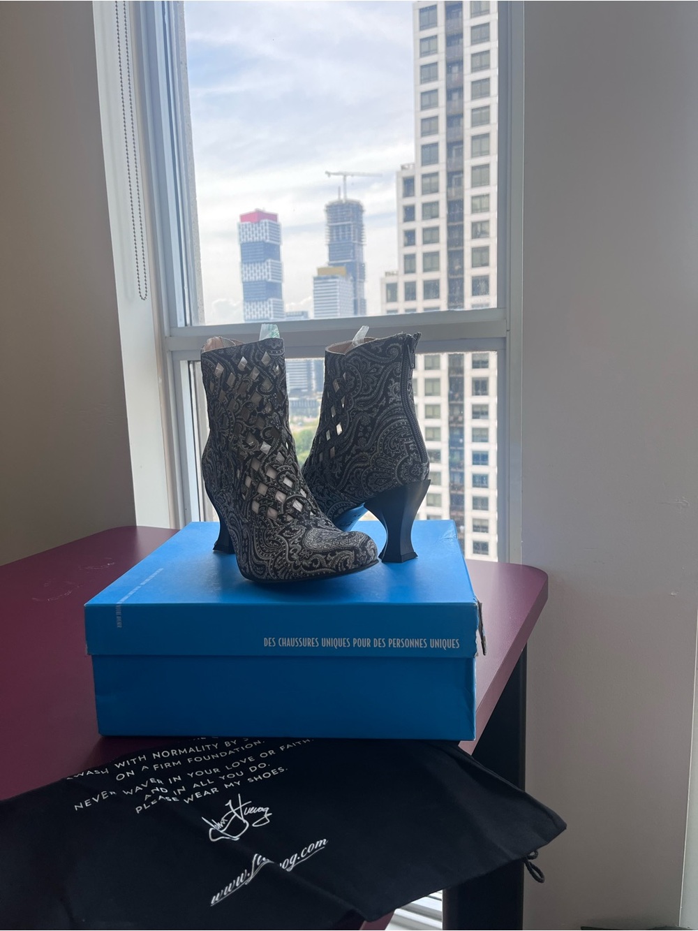 John Fluevog Black Paisley Cutout Ankle Boots